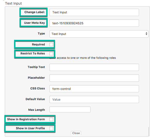 Common settings for custom fields - WordPress Custom Login Form