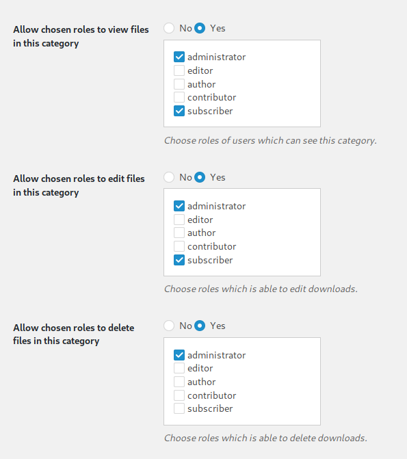 Category permissions settings - File Manager WordPress