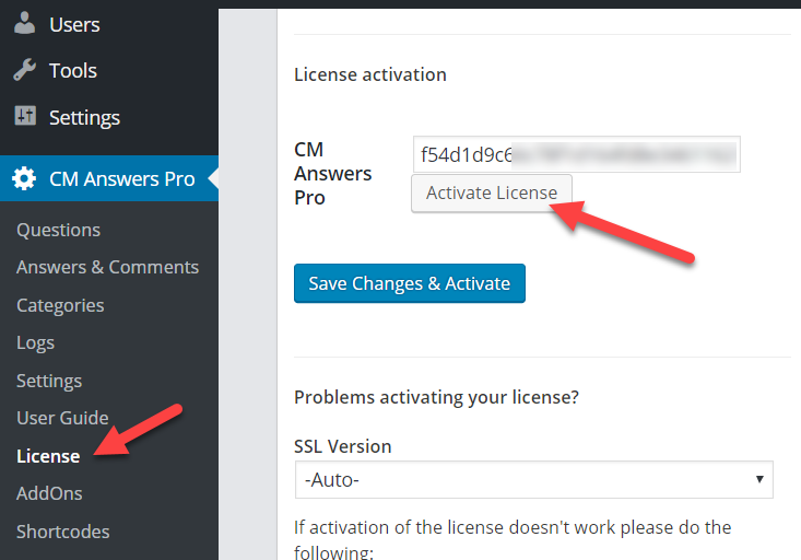 Activating the plugin license key - WordPress Q and A Plugin