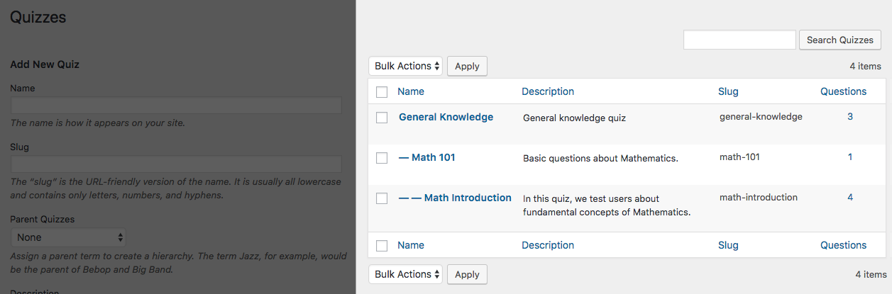 Example of the table with created quizzes - Create Quiz WordPress