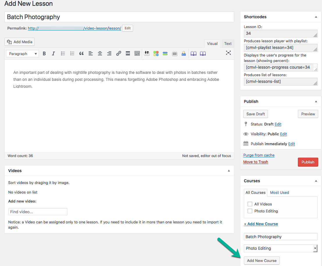 Quick way to create a new course - WordPress Video Course Plugin
