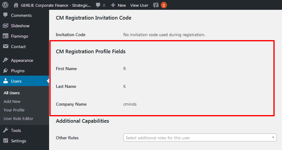 Viewing the registration profile fields - WordPress Custom Login Form