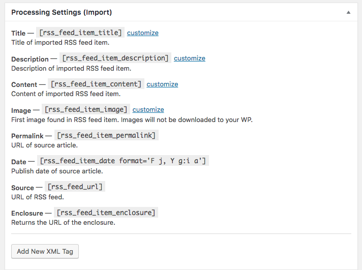 Settings for processing the imported content - RSS Feed Importer WordPress Plugin