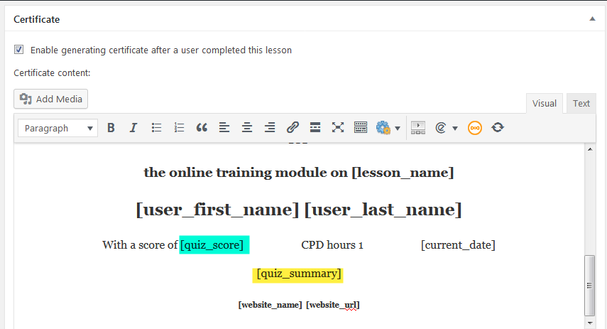 Using placeholders in the certificate template - WordPress LMS Plugin