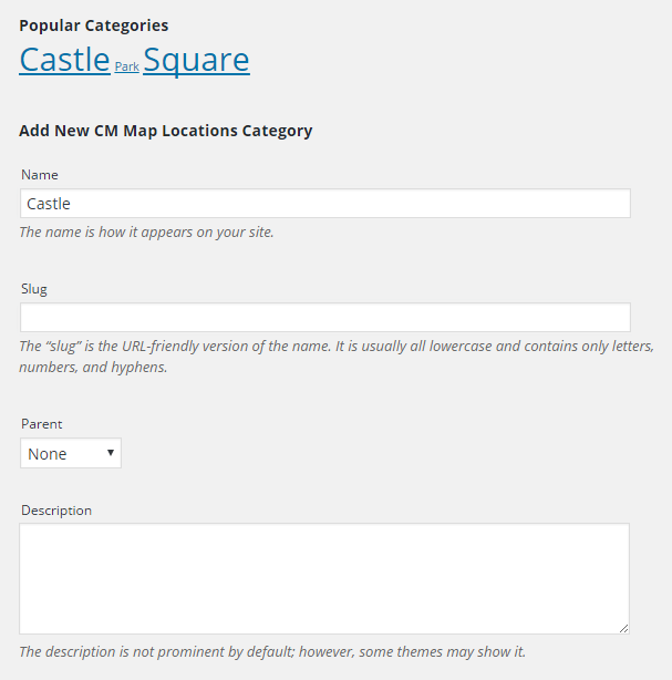 Form for creating a new category - Maps Plugin