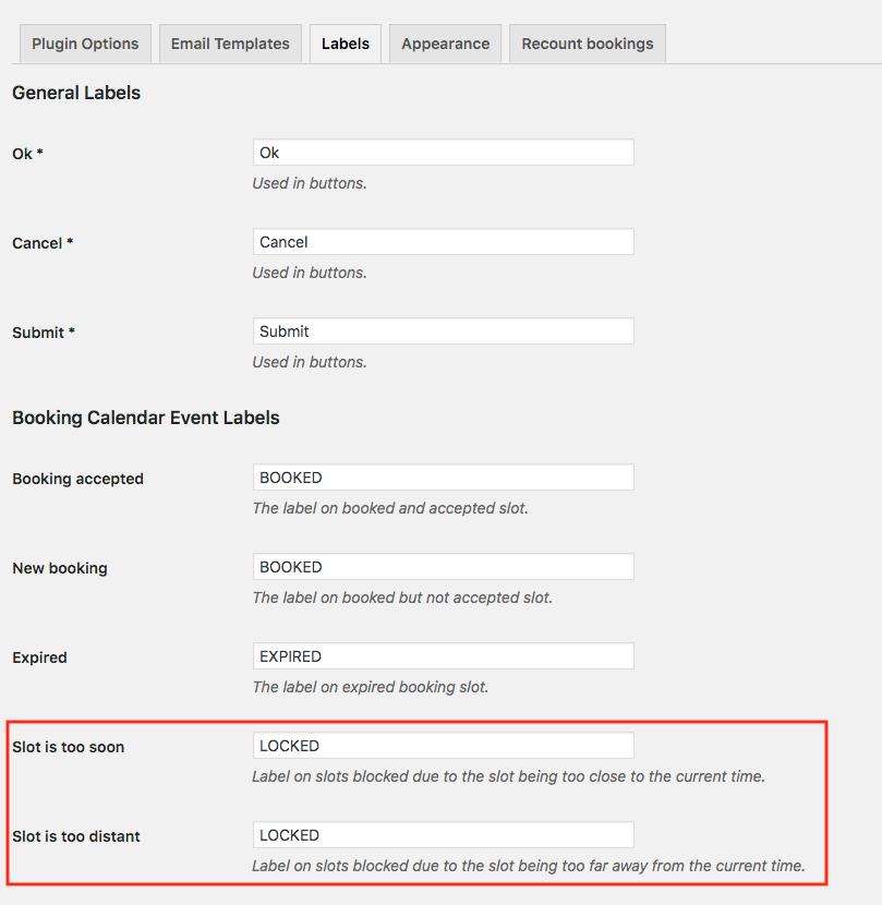 Labels settings - Booking Plugin WordPress