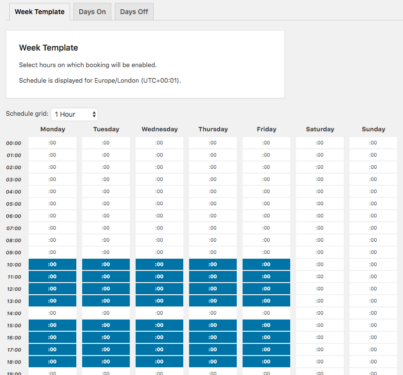 Editing the week schedule - WordPress Scheduling Plugin