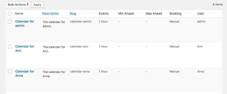 Page for managing calendars - WordPress Plugin for Scheduling Consultations