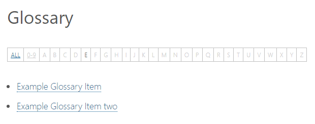 Example of the glossary index page - WordPress Knowledge Base Plugin