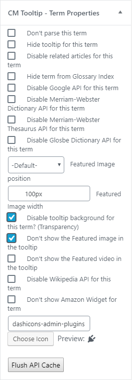 Featured image settings on the term page - Tooltip WordPress Plugin