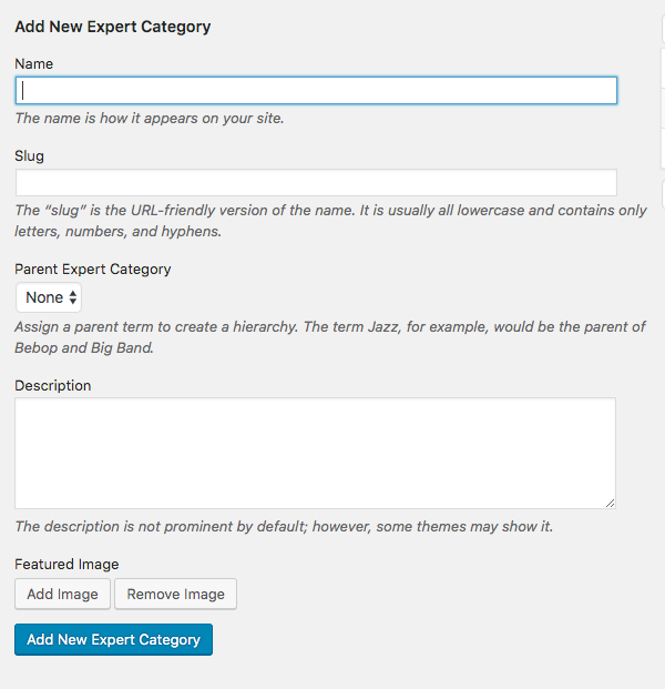 Form for adding new category - WordPress Staff Directory Plugin