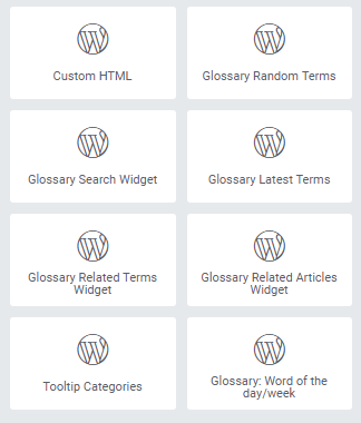 List of glossary widgets available in the Elementor sidebar - Glossary Plugin WordPress