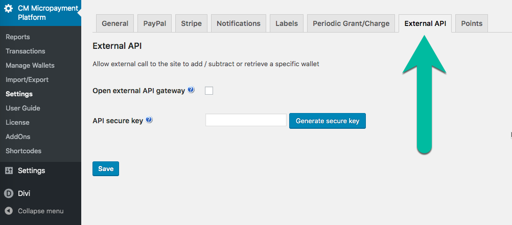 External API settings - WordPress Wallet Plugin