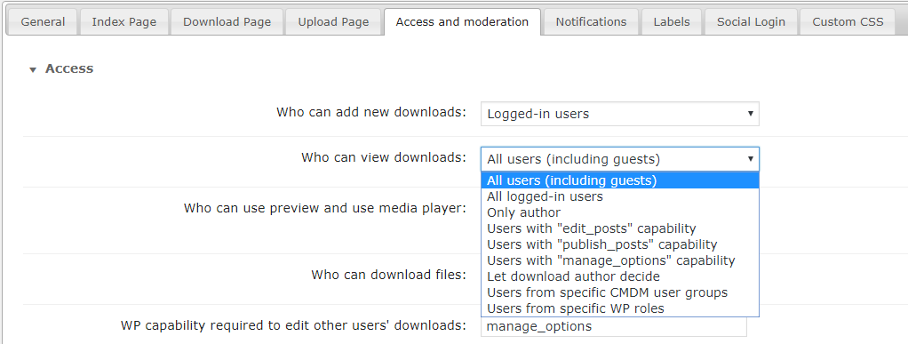 Access and moderation settings - File Manager Plugin for WordPress