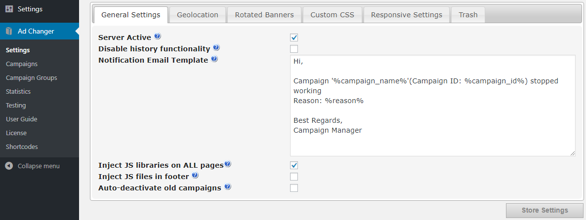 General server plugin settings - WordPress Ad Management