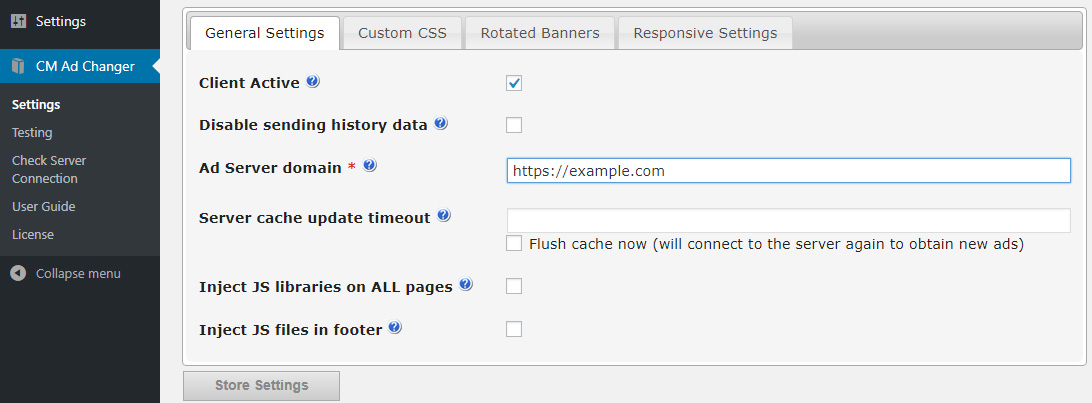 General client plugin settings - WordPress Advertising Plugin