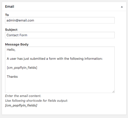 Editing an email template for a WordPress popup form