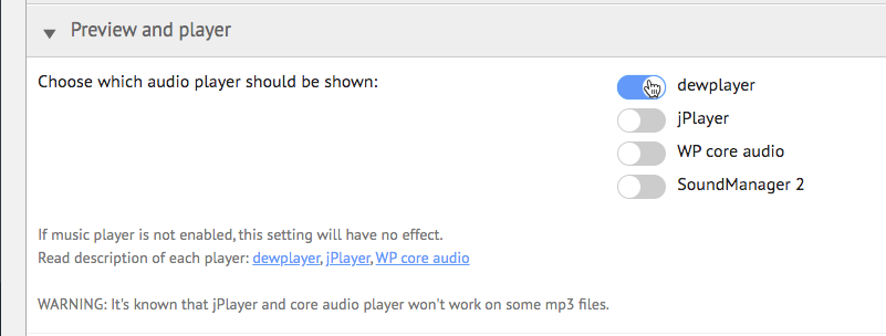 The option for choosing a preview audio player - WordPress Document Management