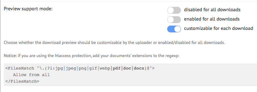 Preview support mode setting for downloads - File Manager WordPress