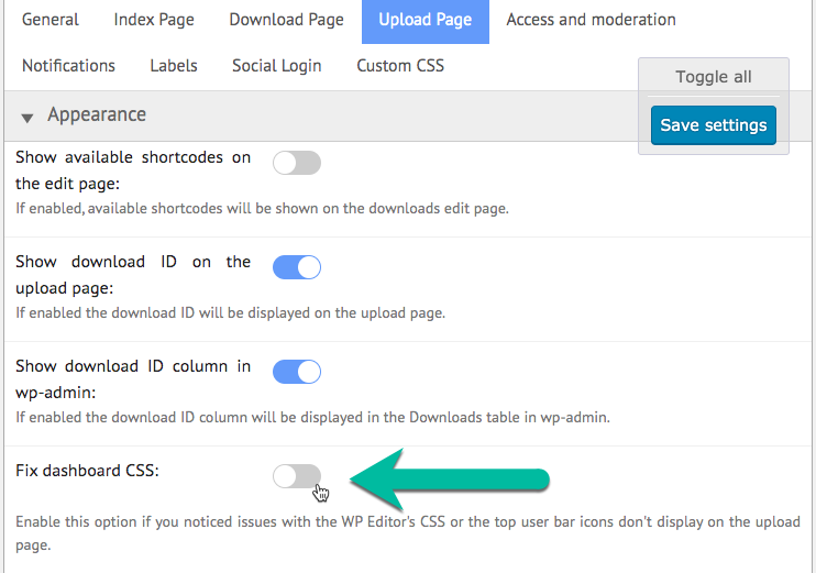 Enabling the option for fixing dashboard CSS - File Manager WordPress