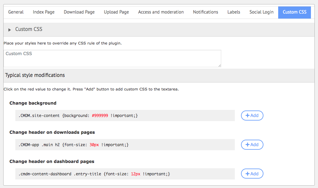 Custom CSS settings - WP File Download Plugin