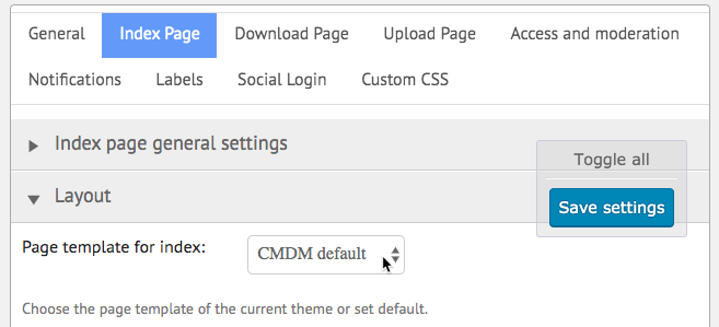 Choosing the CMDM default template for the Index page - File Manager Plugin for WordPress