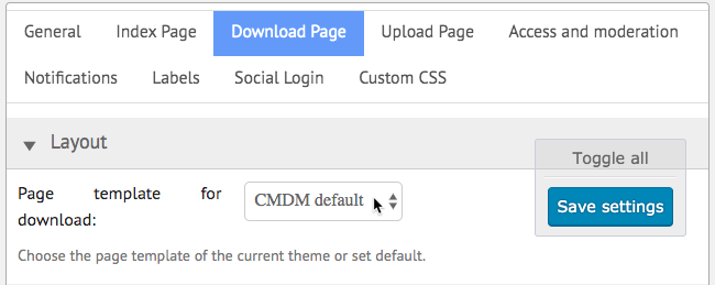 Choosing the CMDM default template for the Download page - File Download Plugin