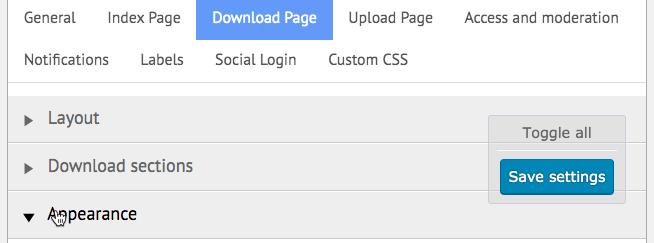Download page appearance settings - File Manager WordPress