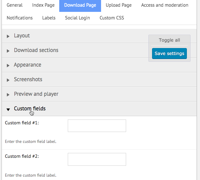 Download page custom fields settings - File Manager WordPress