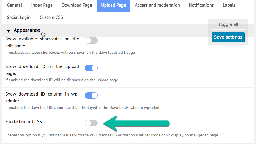 Enabling the option for fixing dashboard CSS - WP File Download Plugin