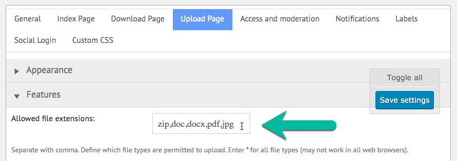 Setting up the list of allowed file extensions - File Manager Plugin for WordPress