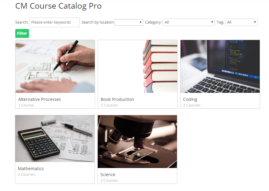 Course catalog view: categories - WordPress Plugin for Creating Online Courses