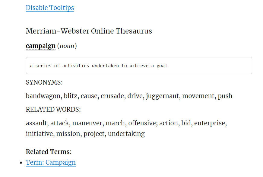 Displaying Merriam-Webster Thesaurus definition - WordPress Glossary Plugin