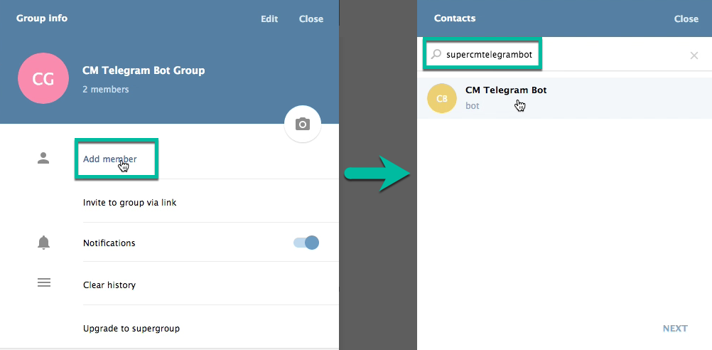 Adding bot to the group - Telegram Group Bot Manager