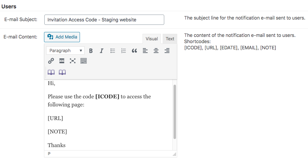 Email notification template for sending invitation codes - WordPress Content Restriction