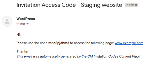 Example of the email notification with an invitation code - Invitation Code Registration for WordPress