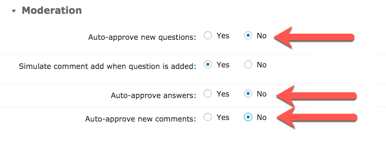 Moderation settings for the forum comments, questions and answers - WordPress Q and A Plugin