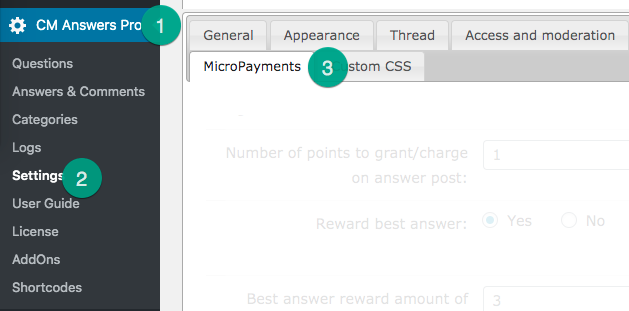 Navigation to the MicroPayments integration settings tab - WordPress User Wallet Credit System