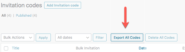 Exporting all codes - WordPress Plugin User Registration