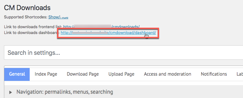 Link to the Downloads Dashboard - File Manager WordPress