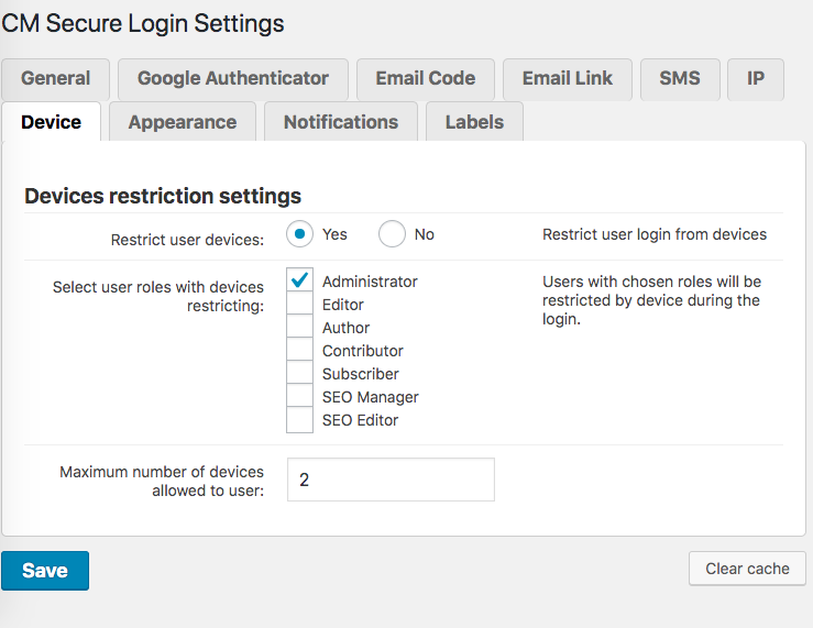 Device settings tab - WordPress Two Factor Authentication Plugin