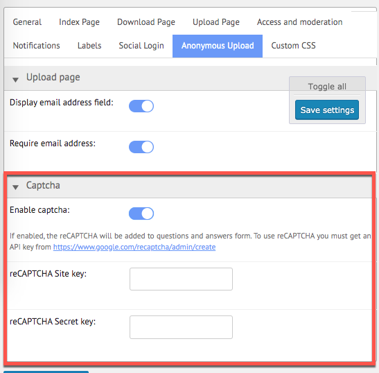 Captcha Settings - File Manager Plugin for WordPress