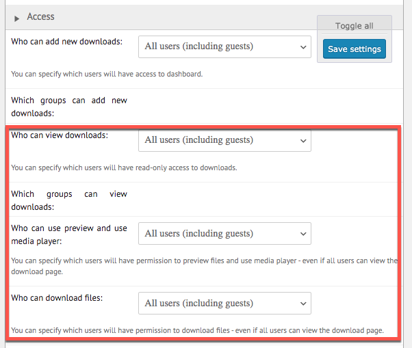 Access and moderation settings - File Manager WordPress