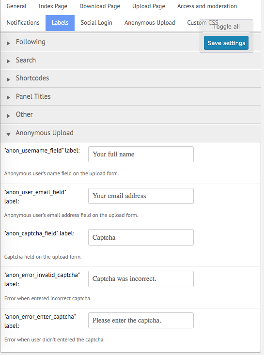 Labels settings for anonymous users - WordPress Document Management