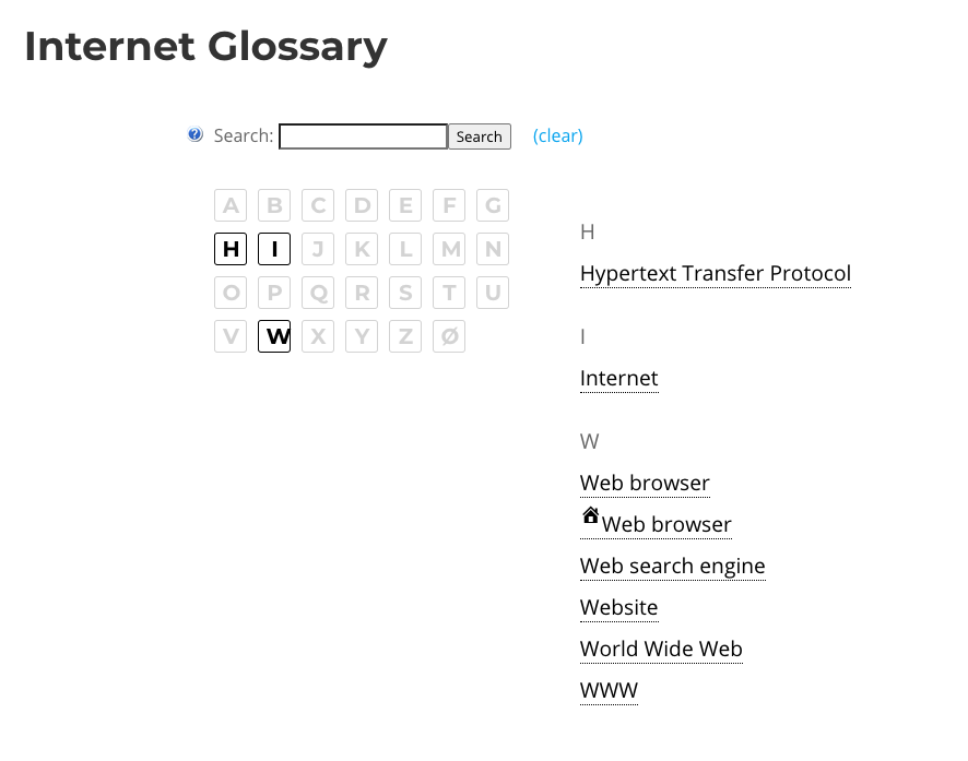 Example of the glossary index page - Tooltip WordPress Plugin