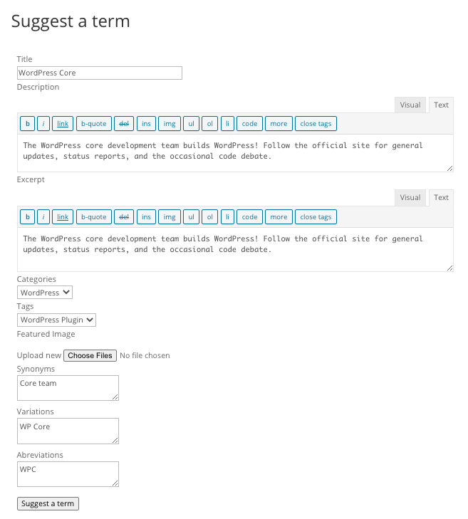 Front-end form for suggesting new terms - WordPress Knowledge Base Plugin