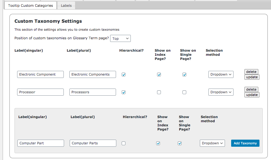 Custom taxonomy settings - Tooltip Plugin WordPress