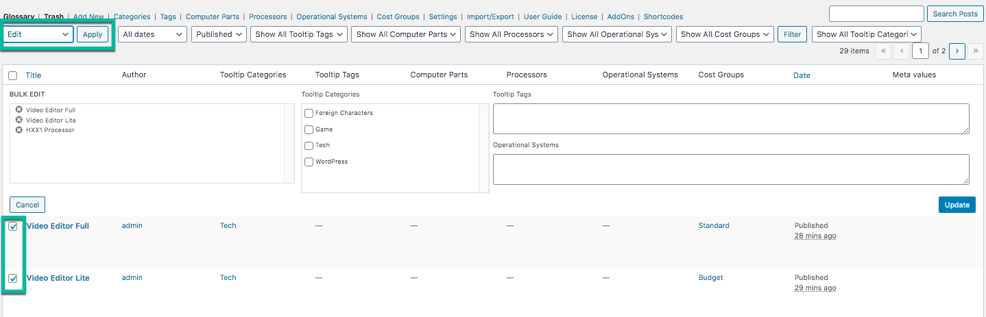 Assigning terms to taxonomies in bulk - WordPress Glossary Plugin