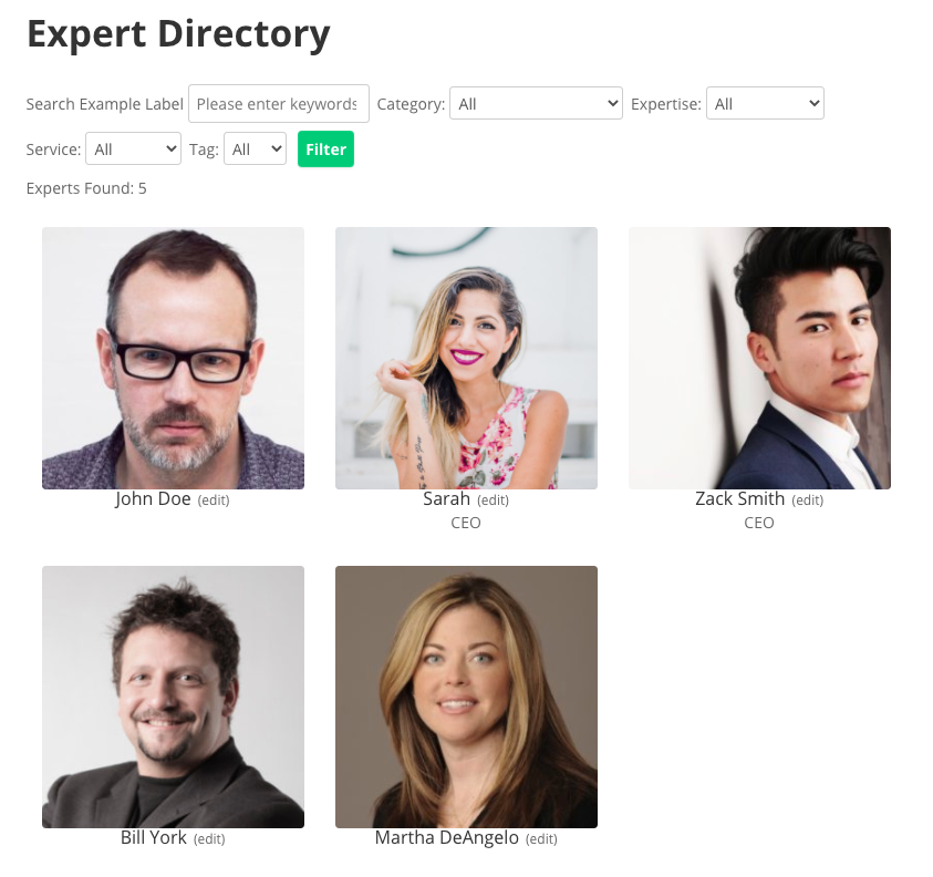 Example of the expert directory index page - WordPress Plugin Staff Directory