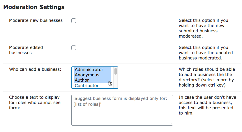 WordPress Business Directory Community moderation settings